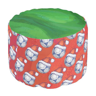 Blue and White Festive Soccer Ball Pattern on Red Pouf