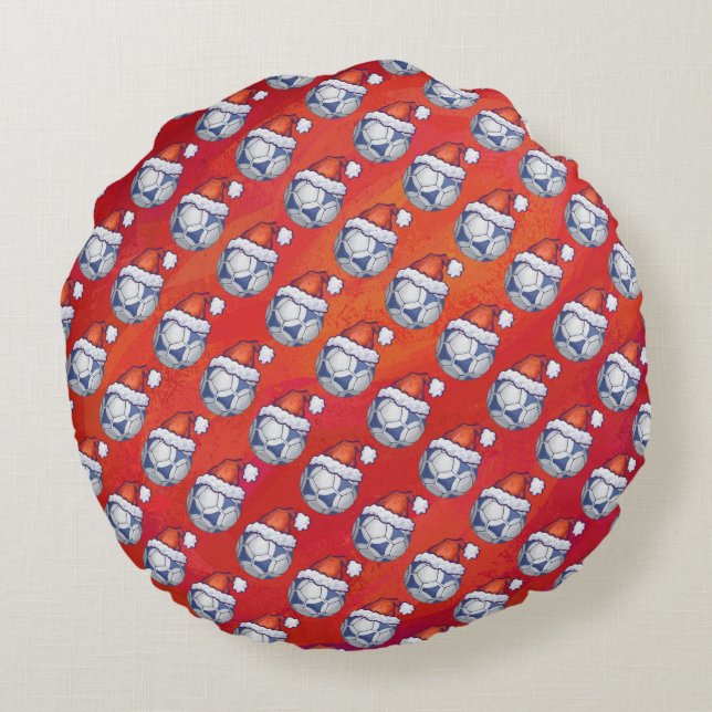 Blue and White Festive Soccer Ball Pattern on Red Round Pillow (Back)