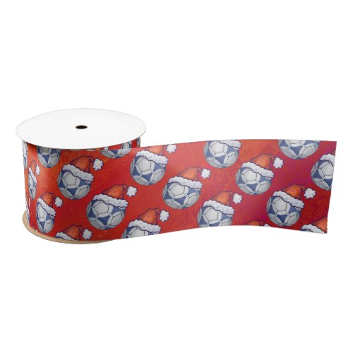 Blue and White Festive Soccer Ball Pattern on Red Satin Ribbon