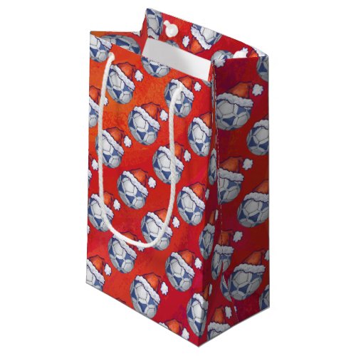 Blue and White Festive Soccer Ball Pattern on Red Small Gift Bag