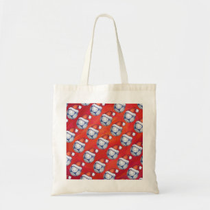 Blue and White Festive Soccer Ball Pattern on Red Tote Bag