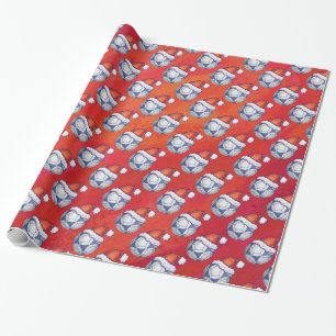 Blue and White Festive Soccer Ball Pattern on Red Wrapping Paper