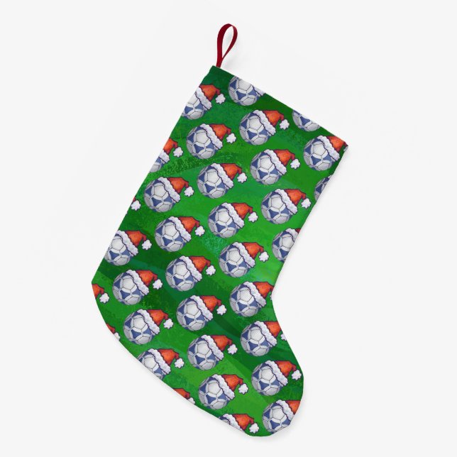 Blue and White Festive Soccer Ball Pattern Small Christmas Stocking (Front (Hanging))
