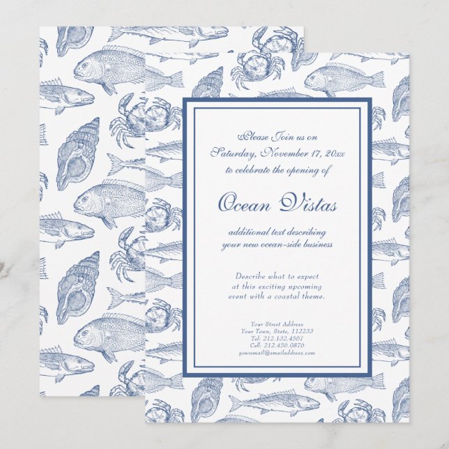 Blue and White Fish and Crab Elegant Coastal Event Invitation (Front/Back)