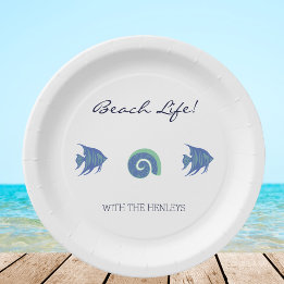 Blue and White Fish Shells Family Beach House Paper Plates
