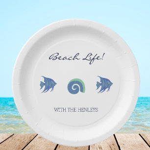 Blue and White Fish Shells Family Beach House Paper Plates