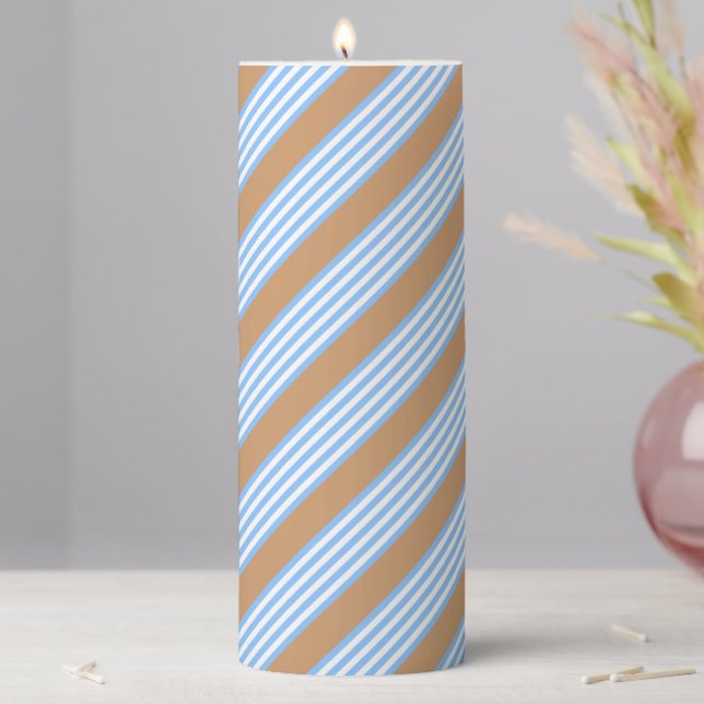 Blue and white five stripes pattern with tan pillar candle (In Situ)