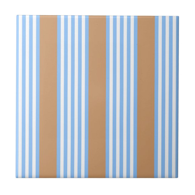 Blue and white five stripes pattern with tan stone ceramic tile (Front)