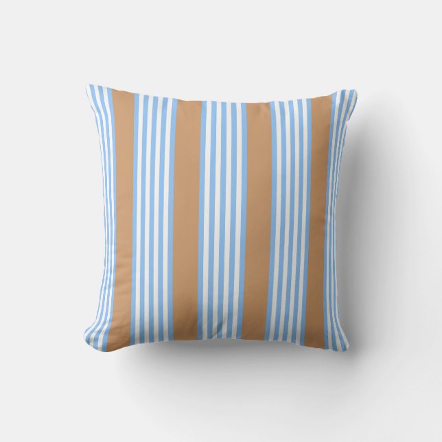 Blue and white five stripes pattern with tan throw pillow (Front)