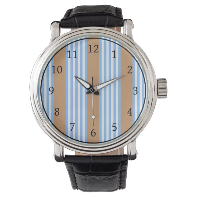Blue and white five stripes pattern with tan watch (Front)