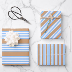 Blue and white five stripes pattern with tan wrapping paper sheets