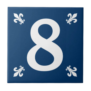 Blue and white fleur de lis house number tile