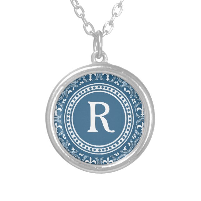 Blue and White Fleur de Lis Monogram Necklace (Front)