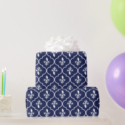 Blue and White Fleur_de_Lis Quatrefoil Pattern Wrapping Paper