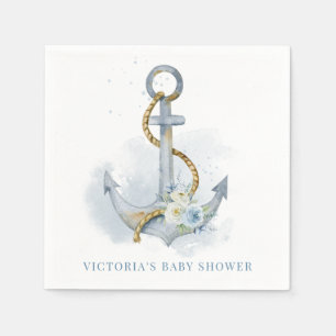 Blue and White Floral Anchor Nautical Baby Shower Napkins