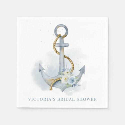 Blue and White Floral Anchor Nautical Baby Shower Napkins