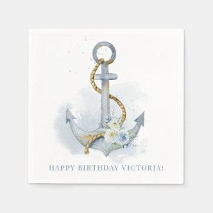 Blue and White Floral Anchor Nautical Birthday Napkins