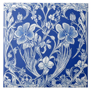 Blue and White Floral Art Deco Art Nouveau Flower Ceramic Tile