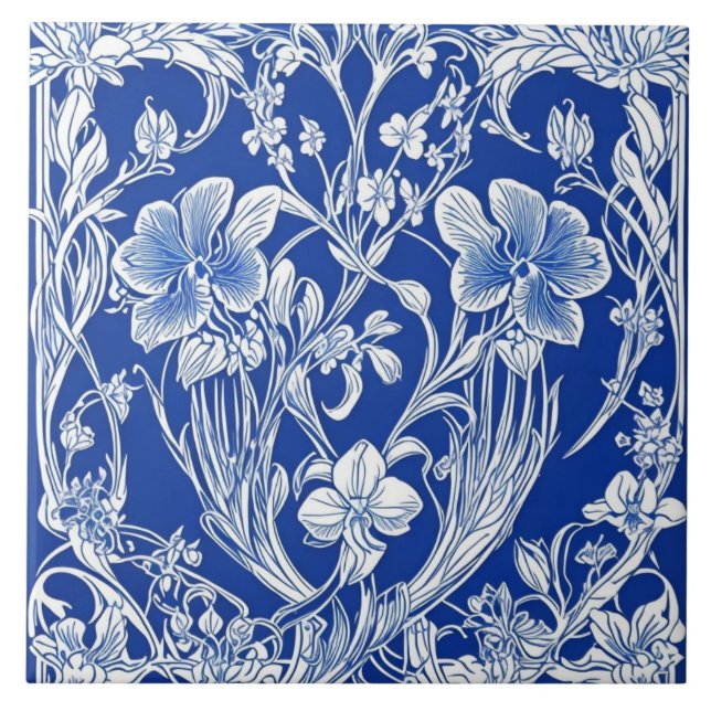 Blue and White Floral Art Deco Art Nouveau Flower Ceramic Tile (Front)