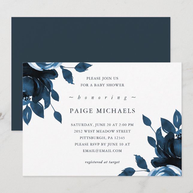 Blue and White Floral Baby Shower Invitation (Front/Back)