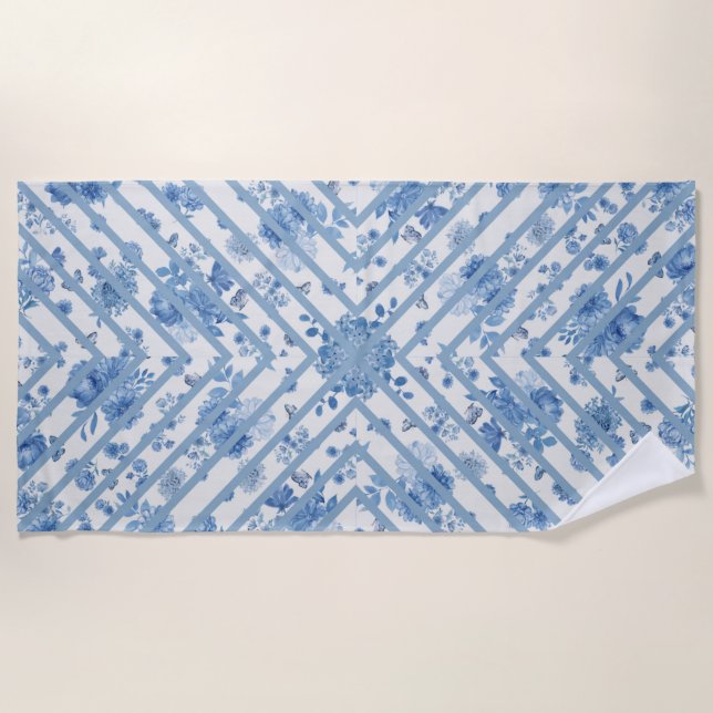 Blue and White Floral Beach Towel (Front)