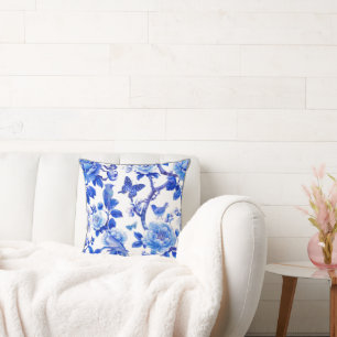 Blue and White Floral Beauty Throw Pillow