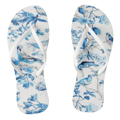 Blue and White Floral Bird Birds Chinoiserie Flip Flops