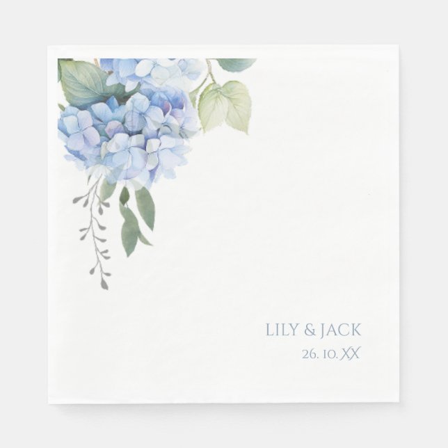 Blue and White Floral Blue Hydrangea Wedding  Napkins (Front)