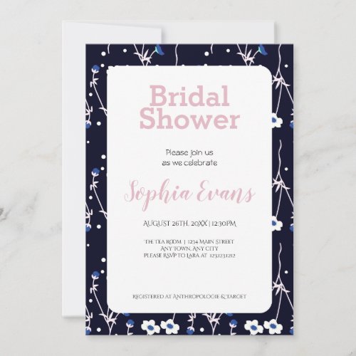 Blue and White Floral Border White Bridal Shower Invitation