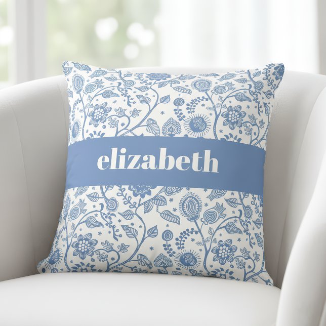 Blue and White Floral Botanical Custom Name Modern Throw Pillow (Creator Uploaded)