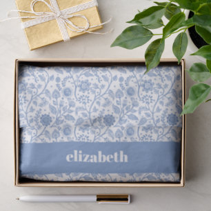 Blue and White Floral Botanical Custom Name Modern Tissue Paper
