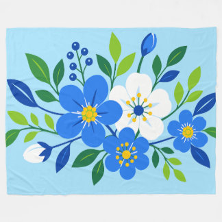 Blue and White Floral Botanical Illustration Fleece Blanket