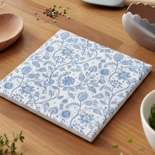 Blue and White Floral Botanical Pattern Modern Ceramic Tile