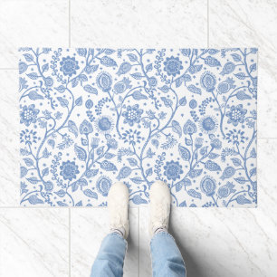Blue and White Floral Botanical Pattern Whimsical Doormat
