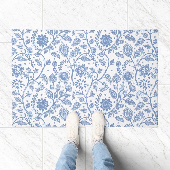 Blue and White Floral Botanical Pattern Whimsical Doormat (Indoor)
