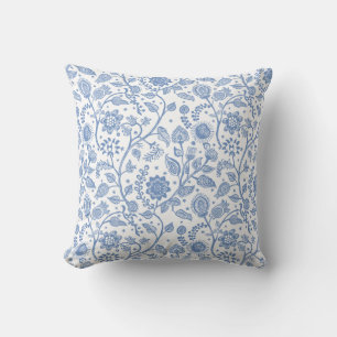 Blue and White Floral Botanical Pattern Whimsical Throw Pillow