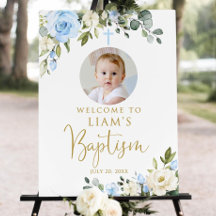 Blue and White Floral Boys Baptism Welcome Sign