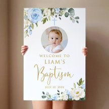 Blue and White Floral Boys Baptism Welcome Sign