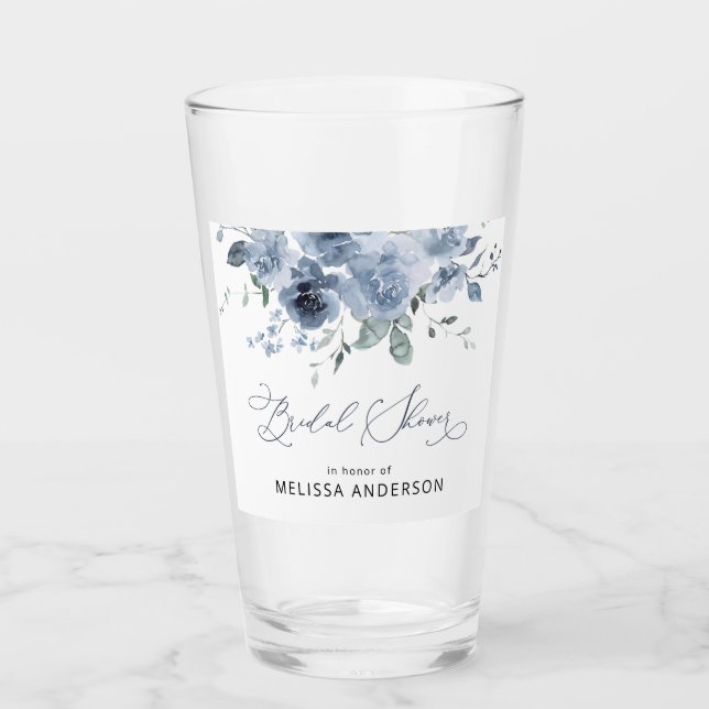 Blue and White Floral Bridal Shower Drinking Glass (Front)