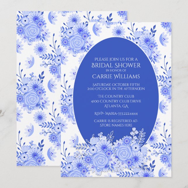 Blue and White Floral Bridal Shower Invitation (Front/Back)