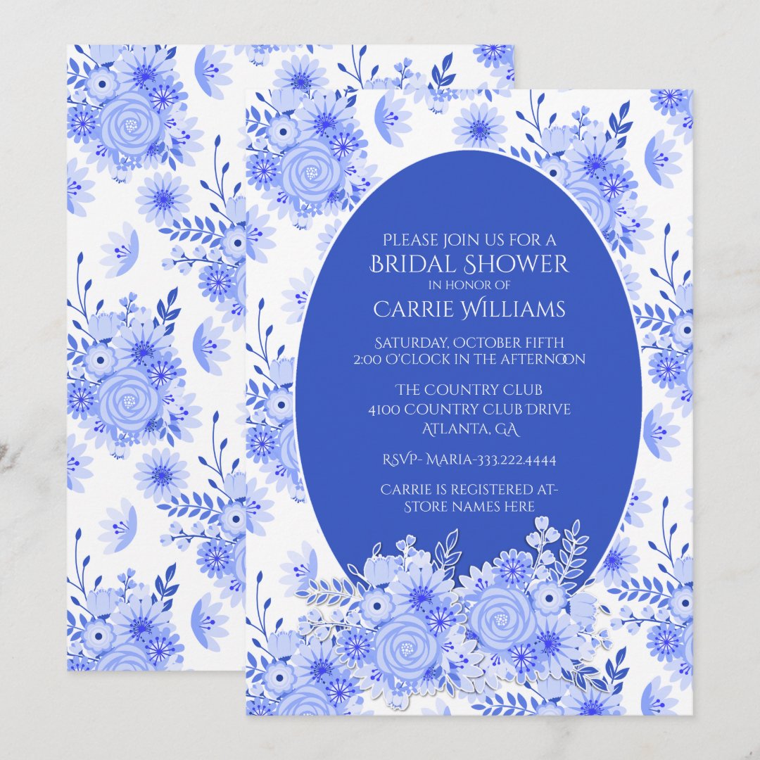 Blue and White Floral Bridal Shower Invitation Zazzle