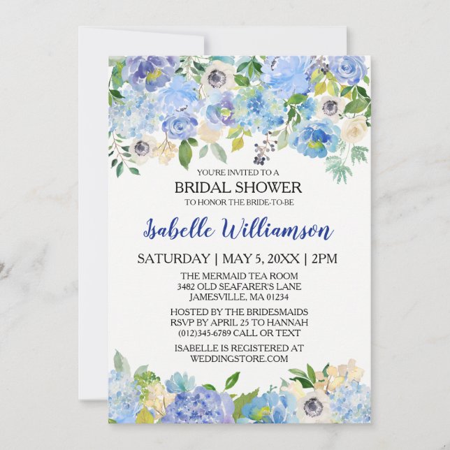 Blue and White Floral Bridal Shower Invitations (Front)