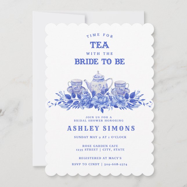 Blue and White Floral Bridal Shower | Tea Party Invitation (Front)