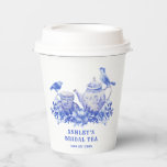 Blue and White Floral Bridal Shower | Tea Party  P Paper Cups<br><div class="desc">These bridal shower tea party paper cups have a monochromatic design featuring a blue and white tea set surrounded flowers. You can personalize with a name and date.</div>