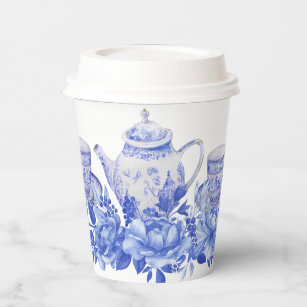 Blue and White Floral Bridal Shower   Tea Party  Paper Cups