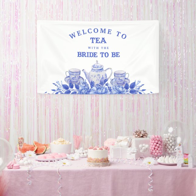 Blue and White Floral Bridal Shower Welcome  Banner (Party)