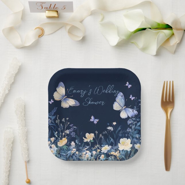 Blue and White Floral  Butterflies Wedding Shower Paper Plates (Wedding)
