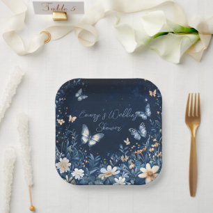 Blue and White Floral Butterflies Wedding Shower Paper Plates