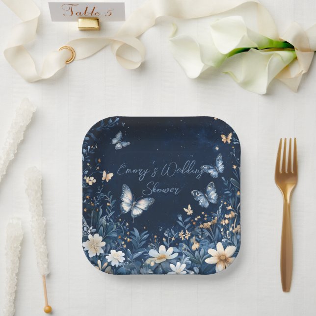 Blue and White Floral  Butterflies Wedding Shower Paper Plates (Wedding)