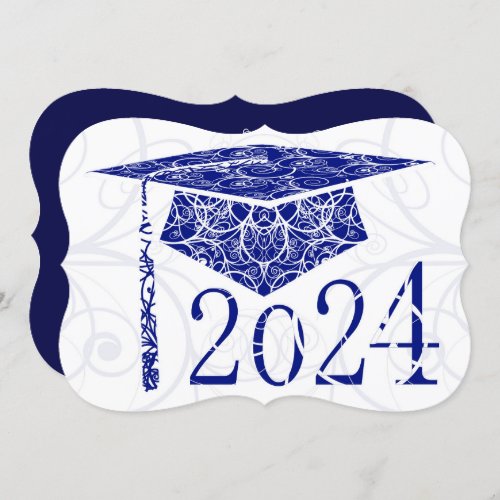 Blue and White Floral Cap 2024 Graduation Party Invitation